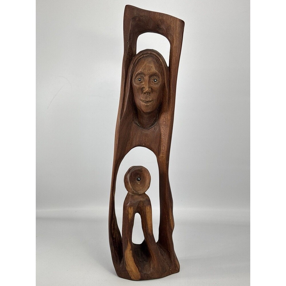 Hand Carved Wood Mother Child Sculpture Signed “Lili” MCM Boho Decor OOAK Art